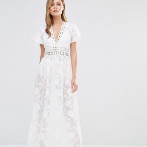 “Dark Pink” White Lace Maxi Dress with Laddering